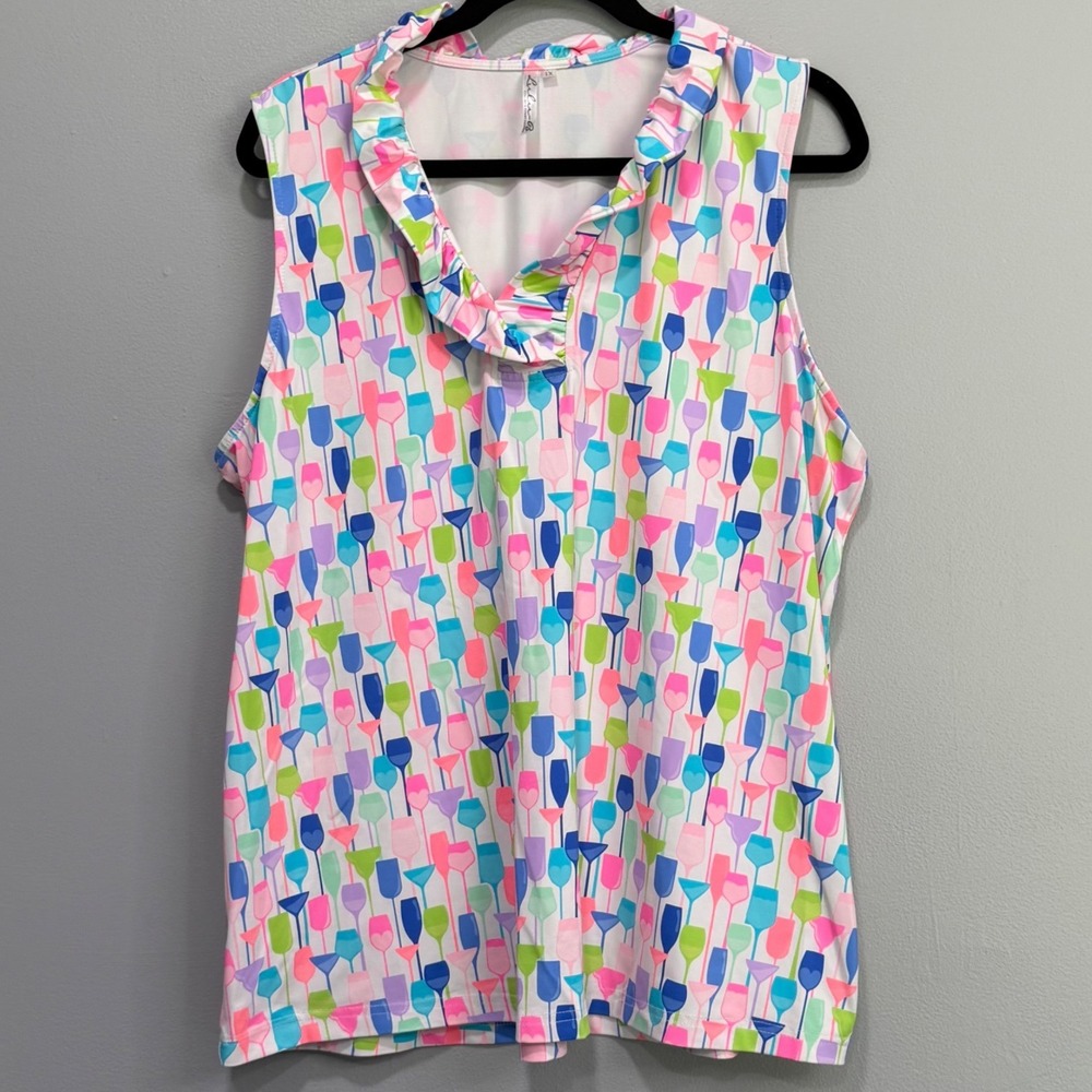 Lulu-B Womens 1X Sleeveless Ruffle Neck Wine Glass Print Top tennis pickleball